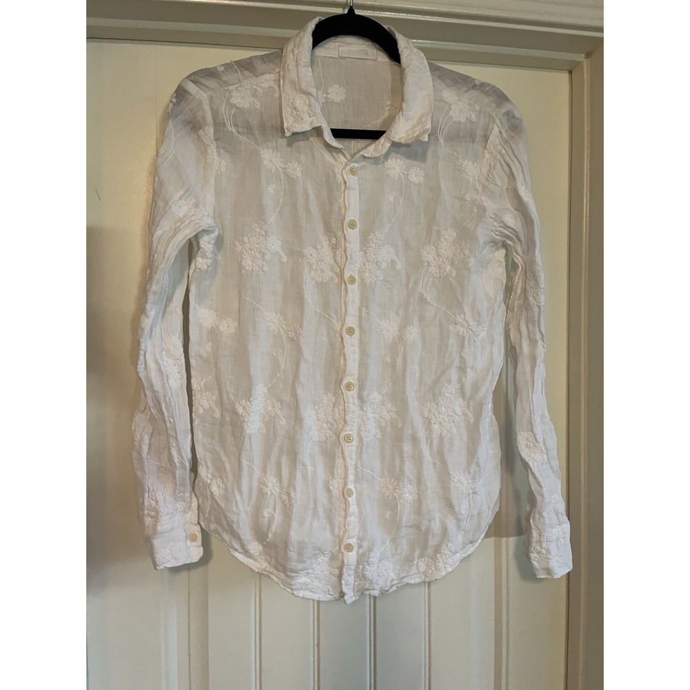 CP Shades XS White Linen Floral Embroidered Button Down Blouse Sheer Boho Top